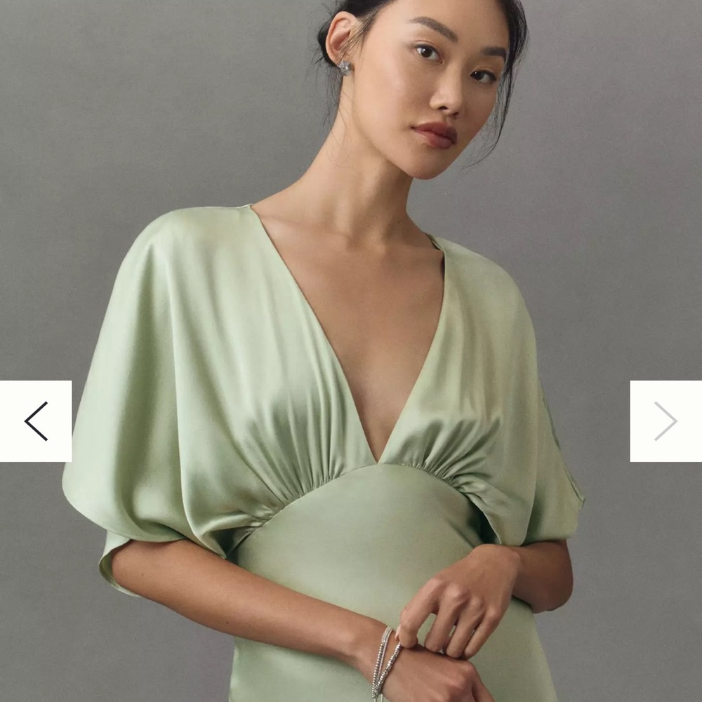 BHLDN Amelia Deep-V Flutter-Sleeve Satin A-Line Gown - sage green - size 14